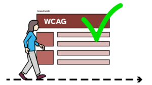 Ilustración estillo icono de una mujer que camina sobre una flecha. Detrás bloques rectangulares bien alineados con la palabra WCAG. Representa orden, estructura, jerarquía visual.
