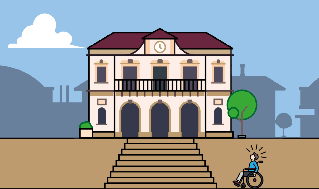 Ilustración estilo icono en la que un hombre en silla de ruedas se encuentra al pie de la escalera de acceso a un ayuntamiento. No existe otro acceso