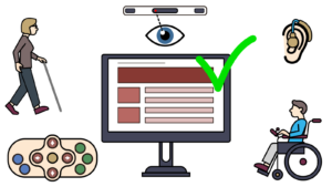 Varios iconos que simbolizan varios tipos de disapacidades. Enmedio, una computadora con una web abierta con elementos ordenados